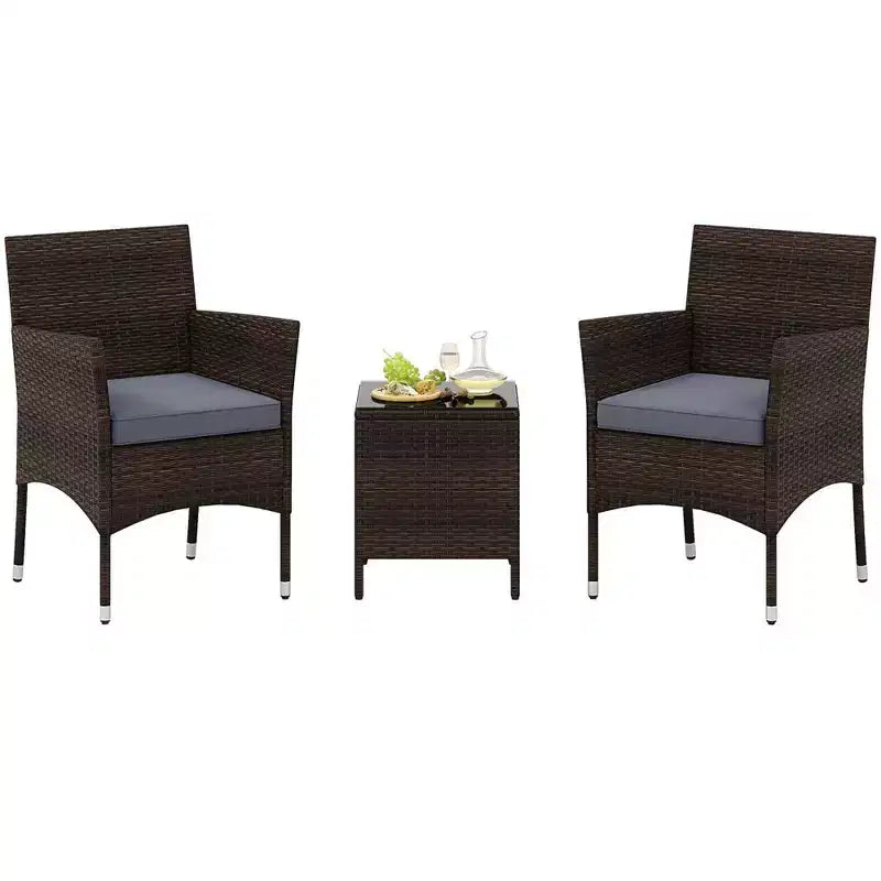 Costway 3 PCS Outdoor Conversation Set with Cushioned Seat & Tempered Glass Tabletop Beige/Black/Gray/Red/Navy