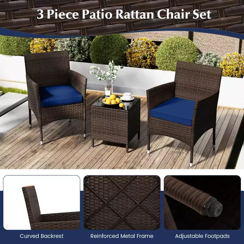Costway 3 PCS Outdoor Conversation Set with Cushioned Seat & Tempered Glass Tabletop Beige/Black/Gray/Red/Navy