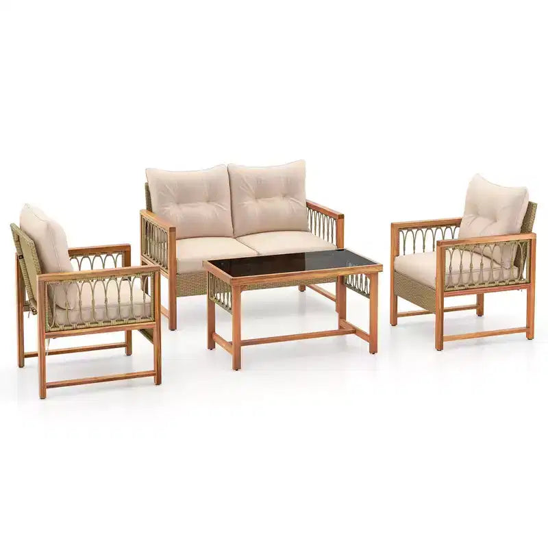 Costway 4 PCS Patio Furniture Set with Acacia Wood Frame Cushions and Coffee Table