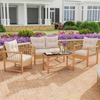 Costway 4 PCS Patio Furniture Set with Acacia Wood Frame Cushions and Coffee Table