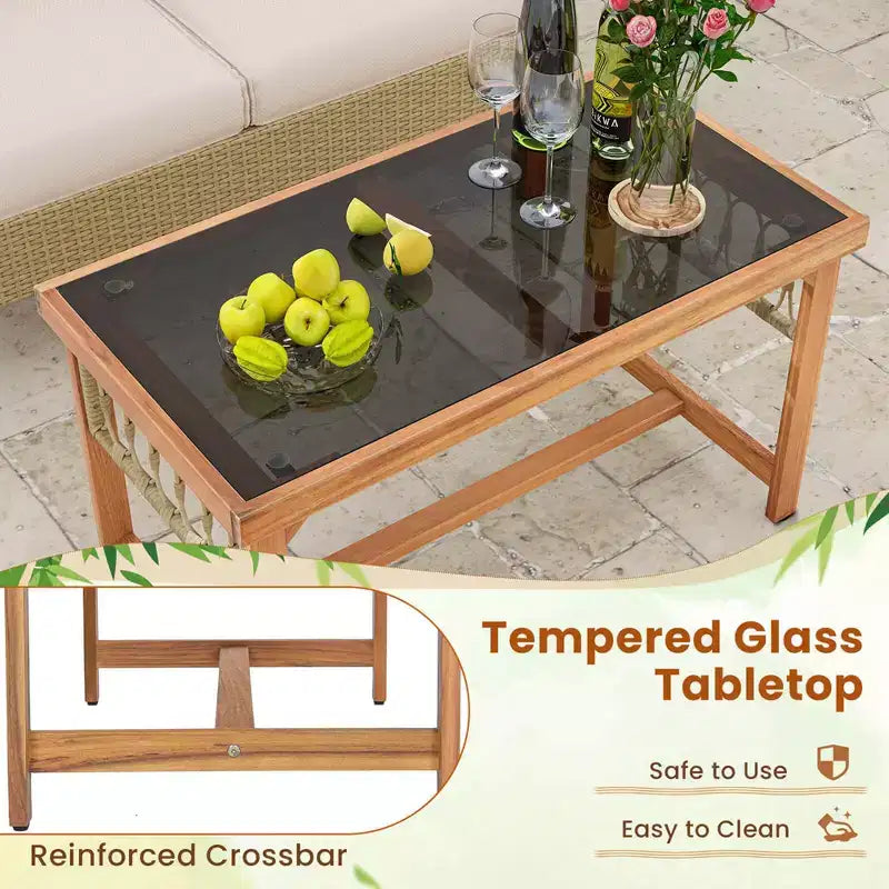 Costway 4 PCS Patio Furniture Set with Acacia Wood Frame Cushions and Coffee Table