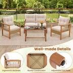 Costway 4 PCS Patio Furniture Set with Acacia Wood Frame Cushions and Coffee Table