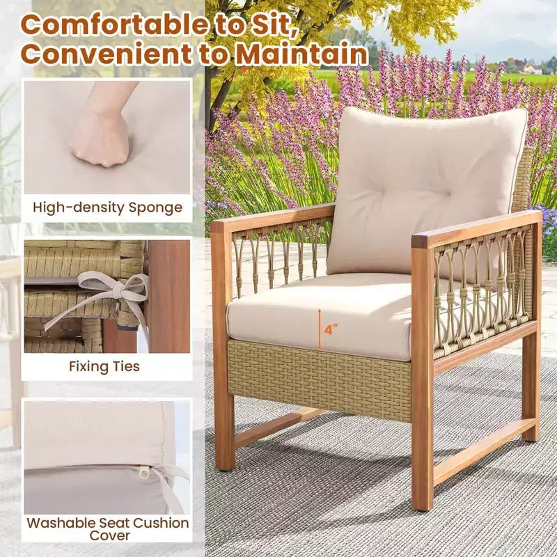 Costway 4 PCS Patio Furniture Set with Acacia Wood Frame Cushions and Coffee Table