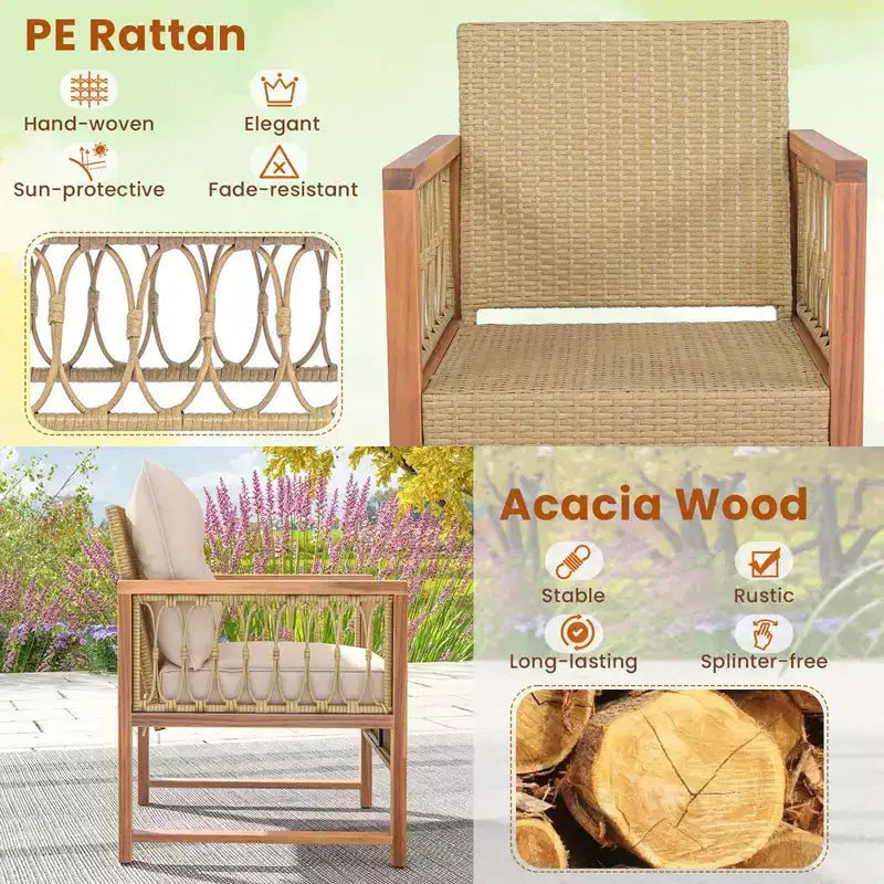 Costway 4 PCS Patio Furniture Set with Acacia Wood Frame Cushions and Coffee Table