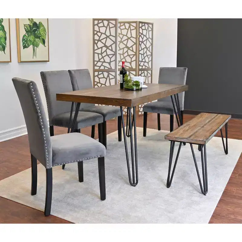 Ashzo 6-Piece Dining Set, Hairpin Dining Table with 4 Chairs and Bench, 3 Color Options
