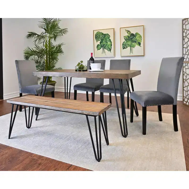 Ashzo 6-Piece Dining Set, Hairpin Dining Table with 4 Chairs and Bench, 3 Color Options