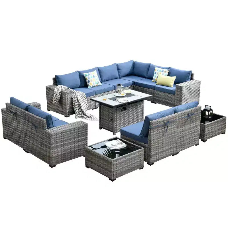 Marlton 13pc Wicker Outdoor Patio Furniture Set Conversation Sofa Set with a Rectangle Fire Pit and Cushions