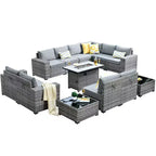 Marlton 13pc Wicker Outdoor Patio Furniture Set Conversation Sofa Set with a Rectangle Fire Pit and Cushions