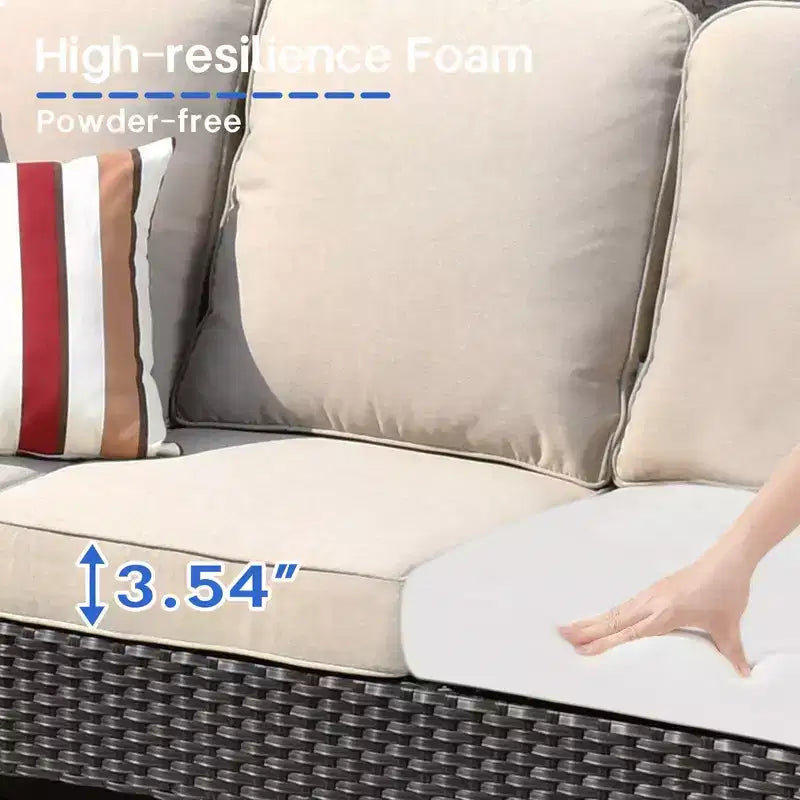 Ovios Orlando 6-delige grijze wicker loungeset voor buiten met rechthoekige vuurtafel en kussens