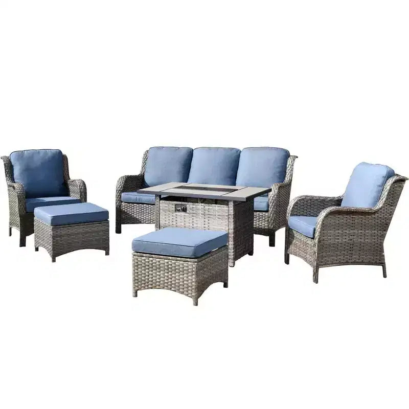 Ovios Orlando 6-delige grijze wicker loungeset voor buiten met rechthoekige vuurtafel en kussens