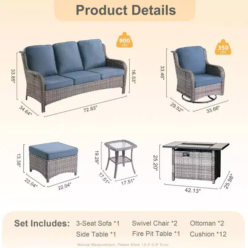Ovios Orlando 6-delige grijze wicker loungeset voor buiten met rechthoekige vuurtafel en kussens