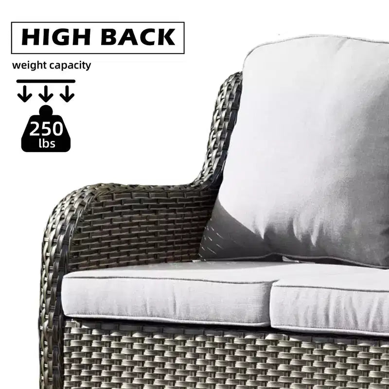 Ovios Orlando 6-delige grijze wicker loungeset voor buiten met rechthoekige vuurtafel en kussens