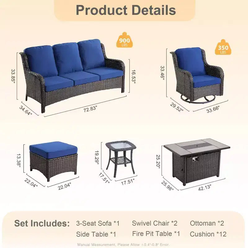Ovios Orlando 6-delige grijze wicker loungeset voor buiten met rechthoekige vuurtafel en kussens