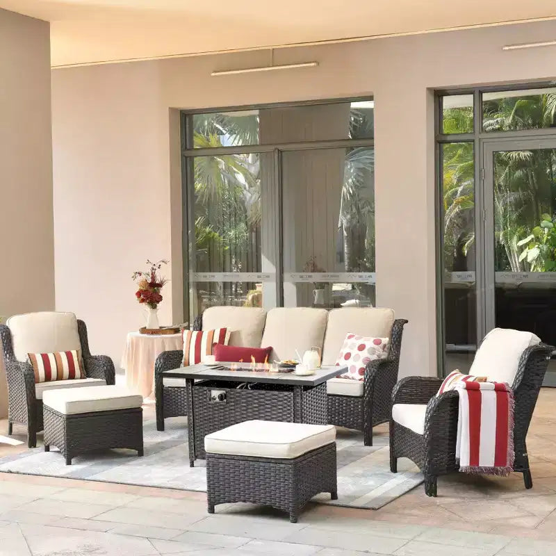 Ovios Orlando 6pc Gray Wicker Outdoor Patio Furniture Conversation Sofa Set with a Rectangle Fire Pit and Cushions