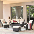 Ovios Orlando 6pc Gray Wicker Outdoor Patio Furniture Conversation Sofa Set with a Rectangle Fire Pit and Cushions