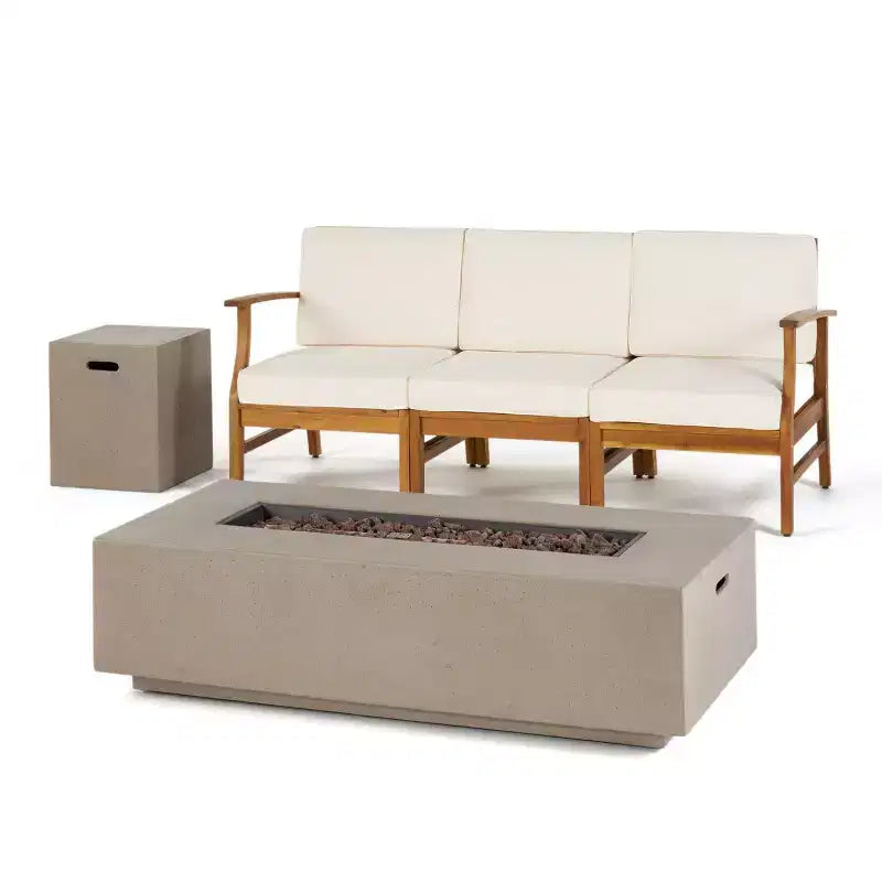 Perla 5pc Acacia Wood Sofa with Rectangular Fire Table - Christopher Knight Home
